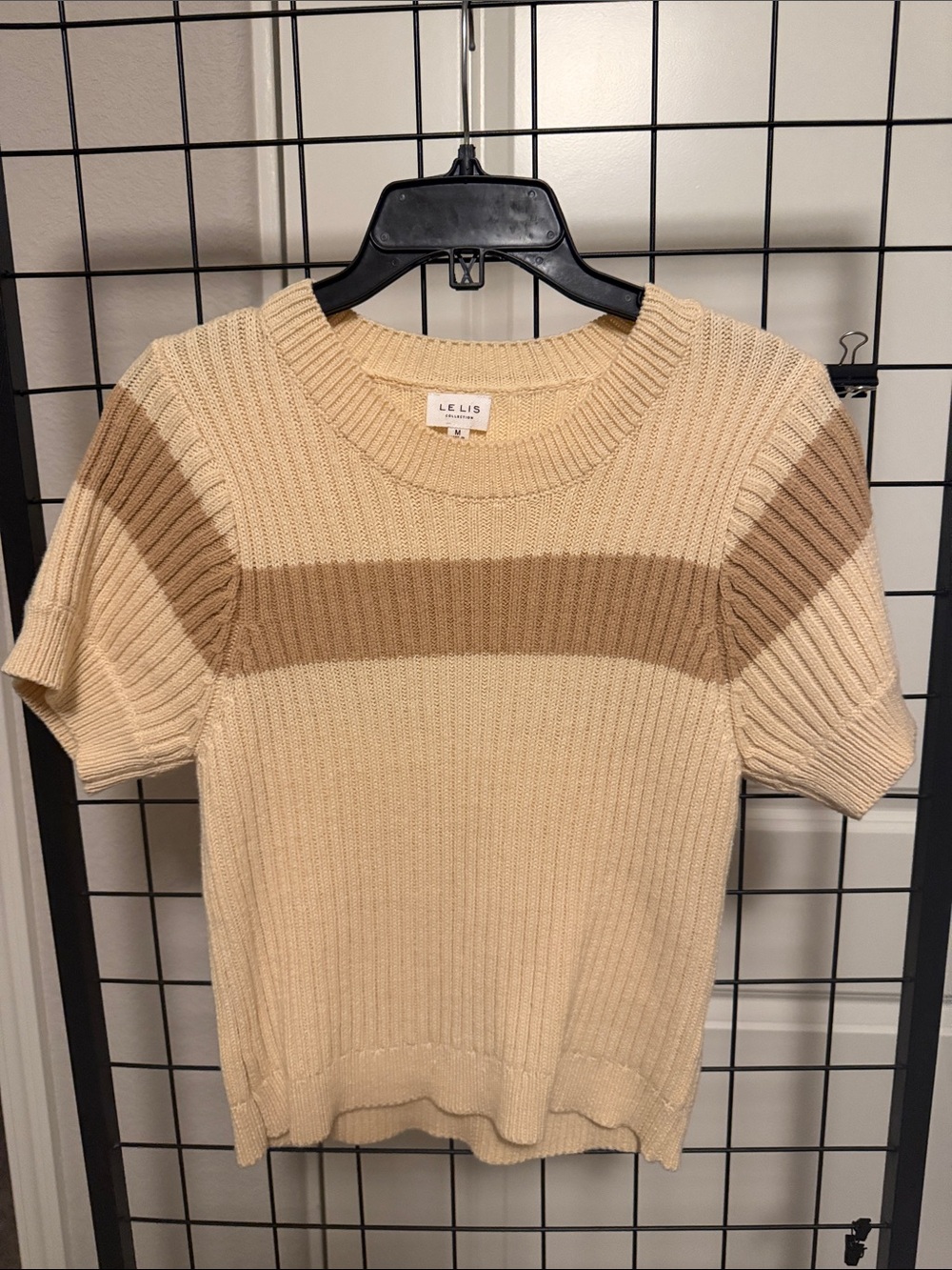 Le Lis Beige Crewneck Sweater with Brown Chest Stripe